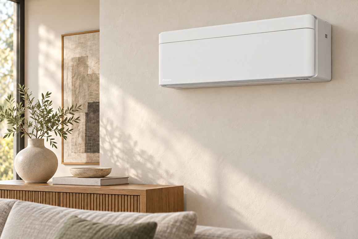 Белый настенный блок Daikin Stylish FTXA-AW на светлой стене гостиной Белый настенный блок Daikin Stylish FTXA-AW на светлой стене гостиной