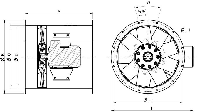 Размеры вентилятора Systemair AXC-EX 560-9/26°-4